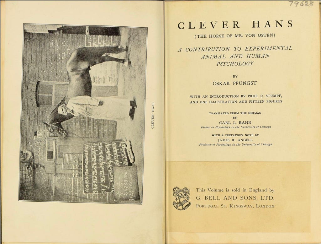 Title page of “Clever Hans: A Contribution to Experimental Animal and Human Psychology”, a book by Oskar Pfungst (1911). Image accessed through the Internet Archive and sourced from the Wellcome Collection.