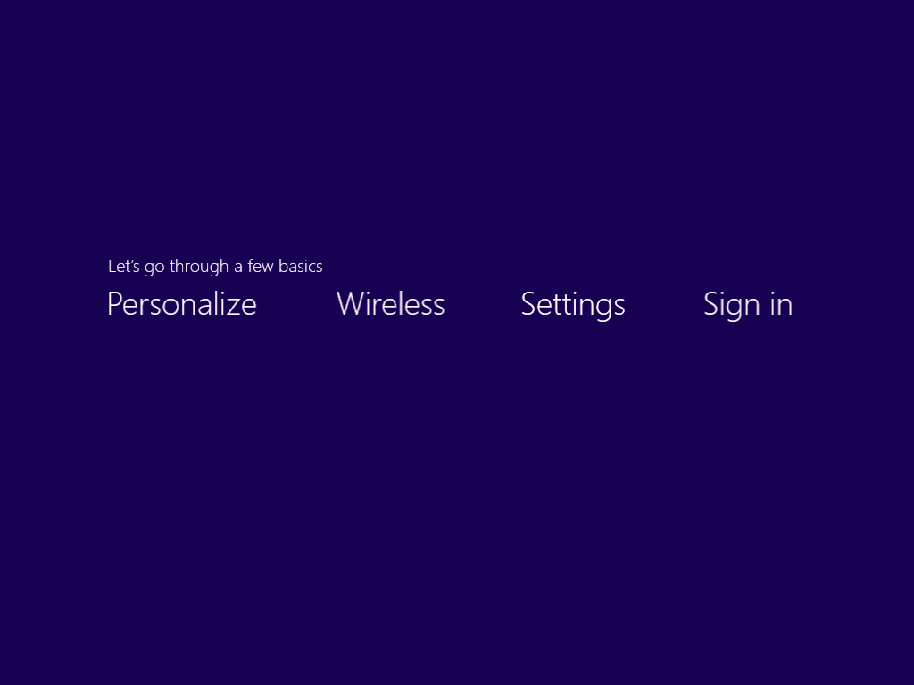 A screenshot of Windows 8’s first screen in the OOBE. It has four sections called Personalize, Wireless, Settings and Sign in, on top of a plan background,