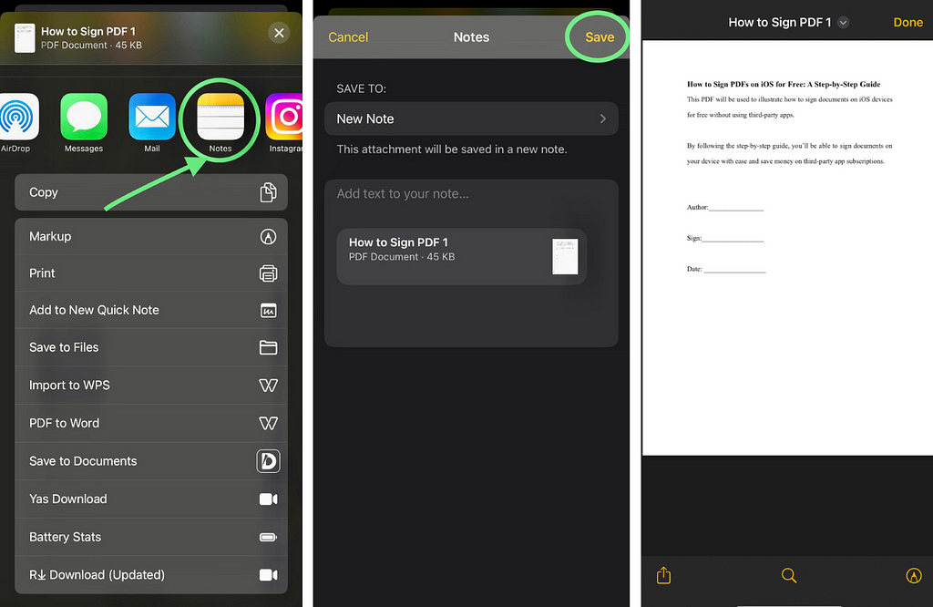 Screenshots Showing How to Share PDFs to the Notes App to Begin Signing