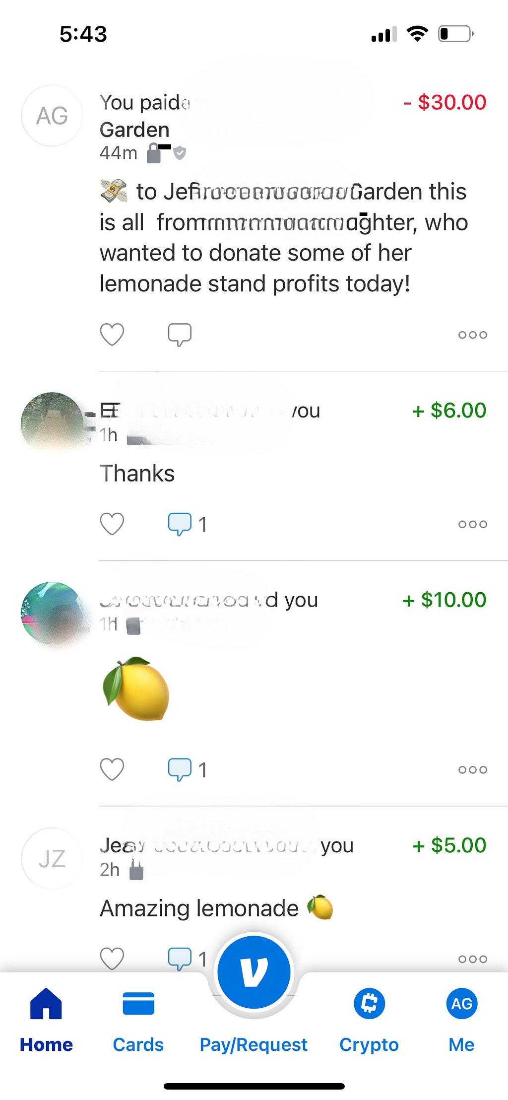 screenshot of venmo donation to the garden