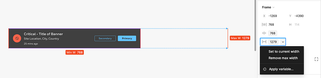 Image showing a system banner UI component in Figma that has a min and max width constraint using the breakpoint variables.