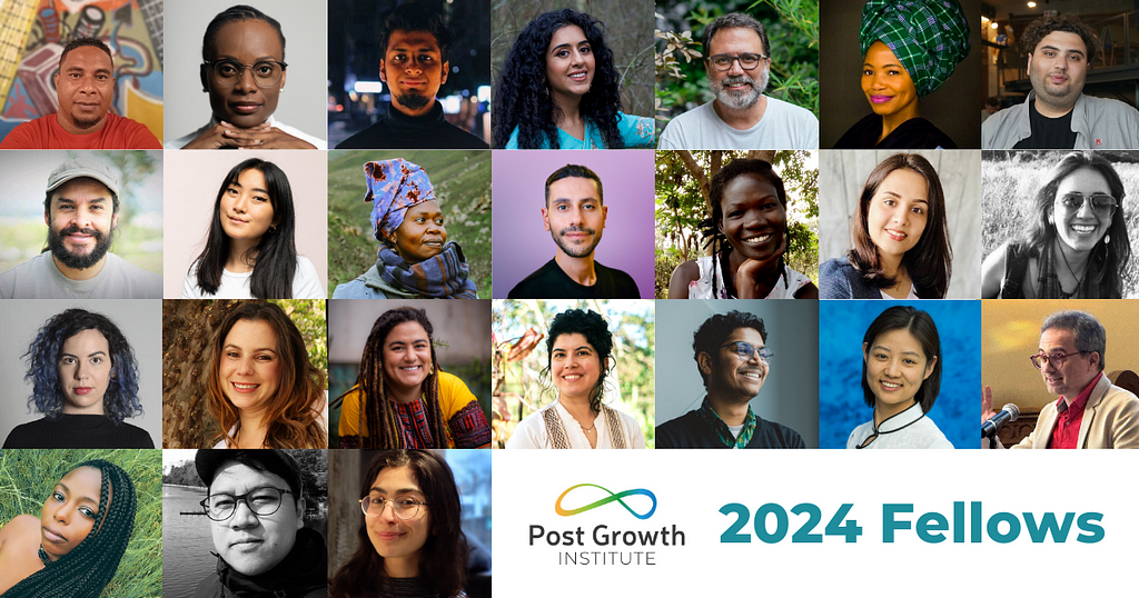A collage of profile pictures featuring a diverse group of people from around the world. The PGI logo (a yellow / blue / green panarchy symbol) and text in teal reads “2024 Fellows.”