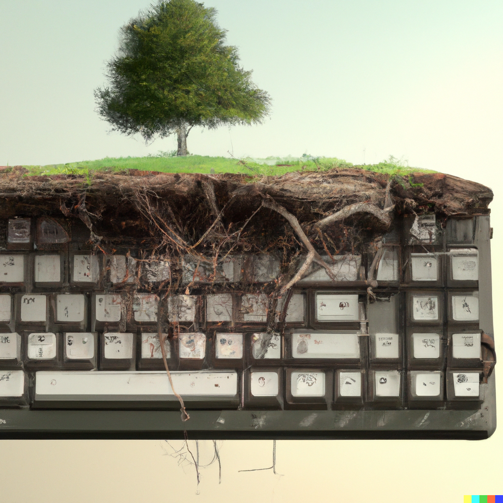“A dirty, crumbling computer keyboard, planted in the ground, on a grassy hill, with a large tree growing out of the top of the keyboard. The roots of the tree are growing through the keyboard. Digital art, 4K”