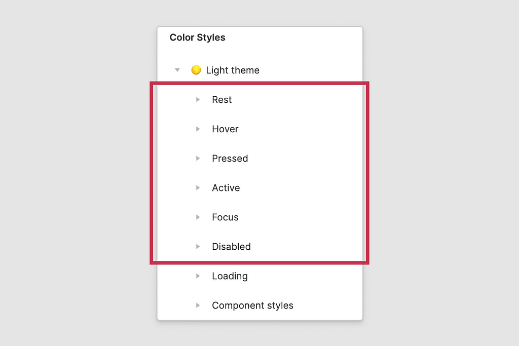 Figma UI Color Styles panel showing 8 folders called “Rest”, “Hover”,”Pressed”, “Active”, “Focus”, “Disabled”, “Loading”, and “Component styles.”