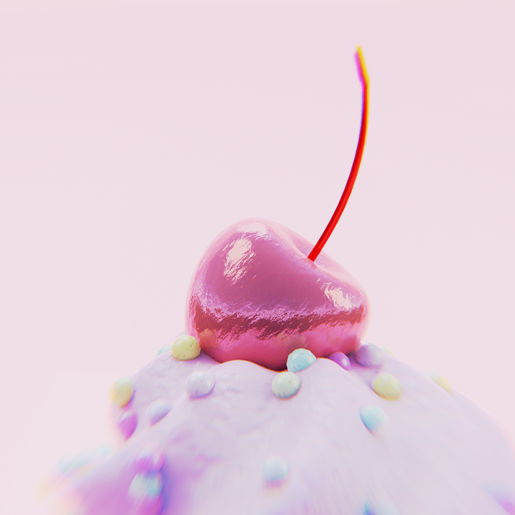 A 3D render of a metallic cherry atop frosting covered with sprinkles.
