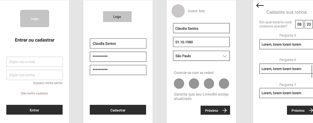 Imagem das telas do nosso protótipo em baixa fidelidade no figma