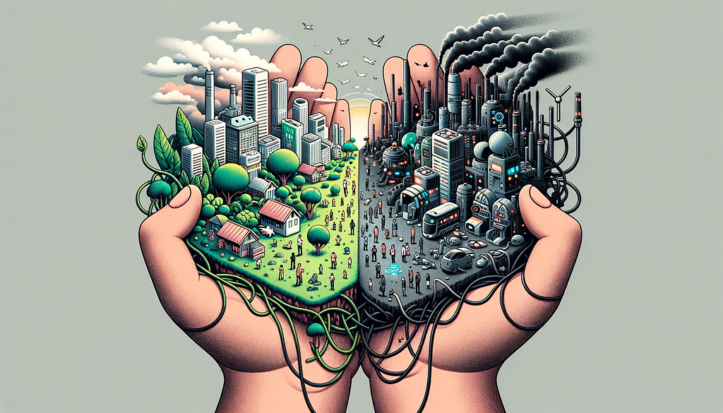 Meta-modern style illustration of a child’s hands holding two contrasting worlds. In one hand, there’s a tech-utopia miniature landscape with greenery, clean energy sources, and harmonious human-robot interactions. In the other hand, there’s a tech-dystopia scene with dark, over-industrialized buildings, smog, and disconnected individuals amid a web of tangled wires.