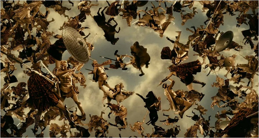 A still frame from the movie Immortals showing dozens of warriors in battle, but all of them suspended in the air against the sky