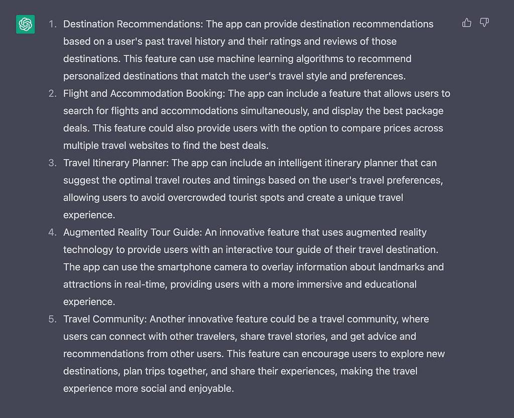 A screenshot of the output ChatGPT gave to the prompt “How might we make the travel experience more unique for [target group]? Give me 5 ideas of possible features.”