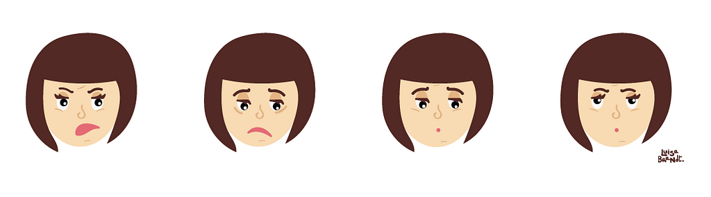 4 expressões do rosto da personagem May ilustrada por Luisa Brandt.