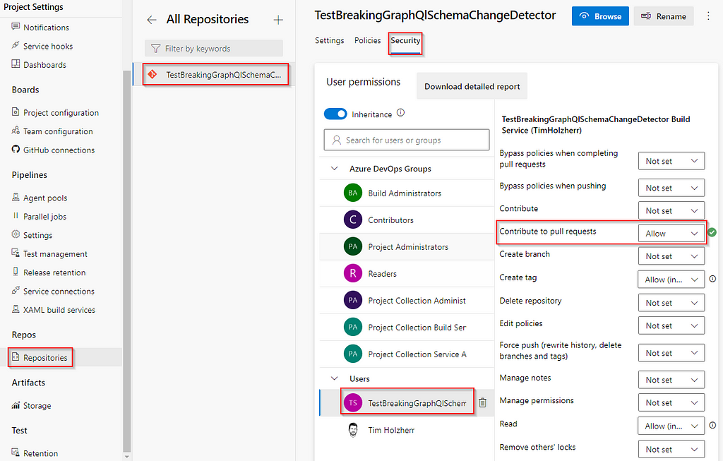 Configuration to allow the build agent to create comments in pull requests