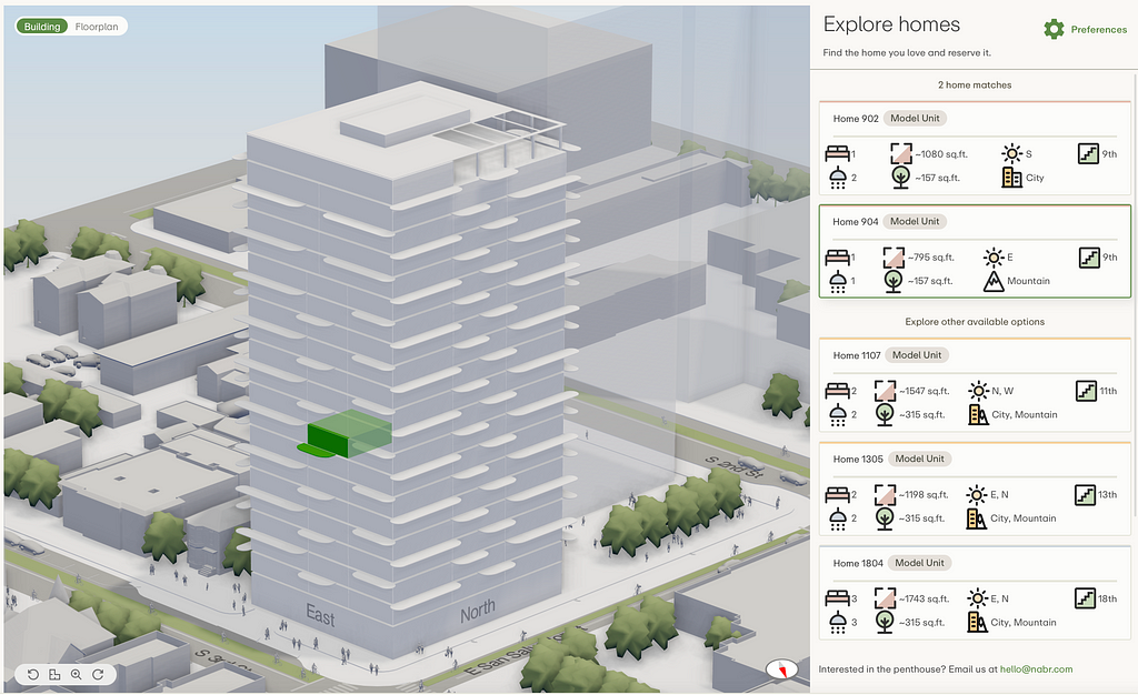 A computer-generated axonometric view of SoFA One, Nabr’s first building, highlighting a unit that matches the user’s preferences in the Design Studio.