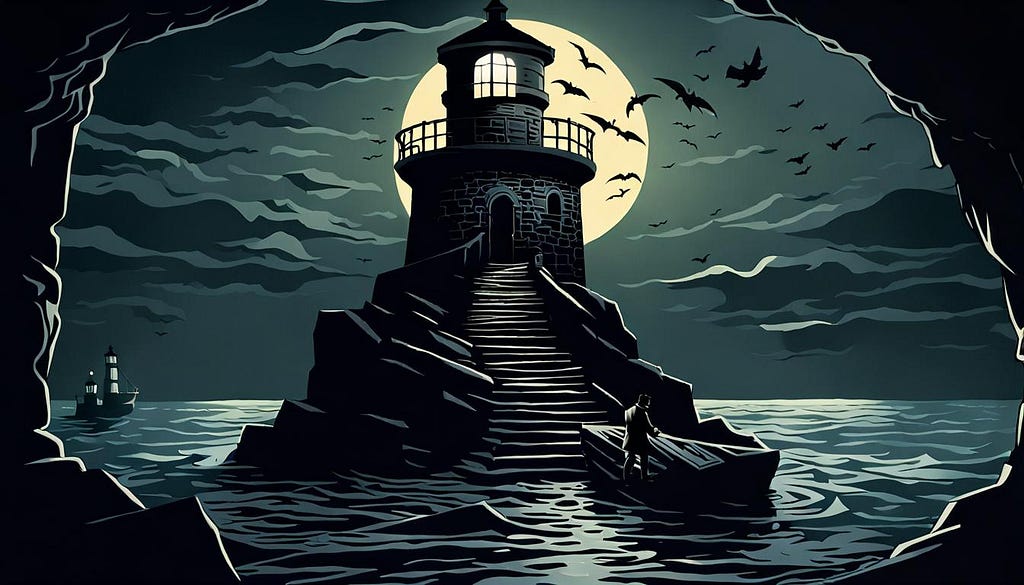 Lighthouse in moonlight, with birds flying
