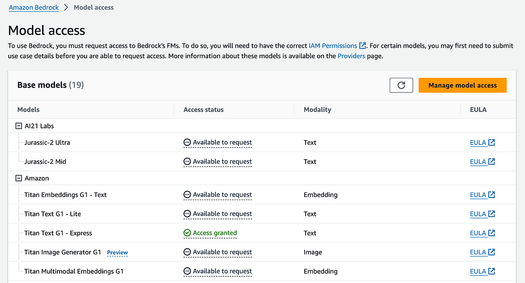 Model access page in AWS Console with model names and an orange ‘Manage model access’ button