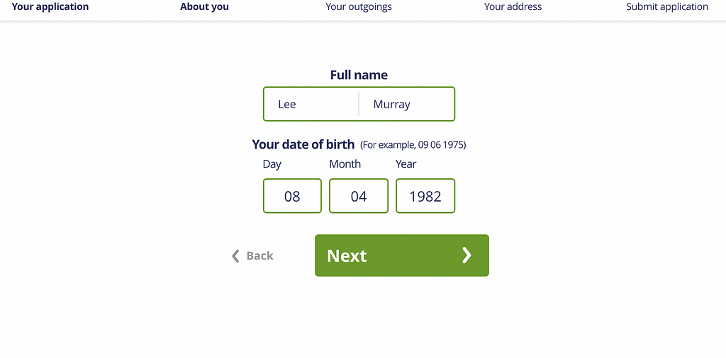 An online form where an example date of birth format has been added and labels to display the day, month and year for the inputs.