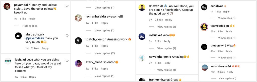 Screenshots of short, positive comments. Different people comment in a similar way with emojis and expressions