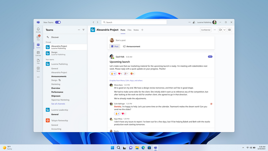 An image showing the new Teams opened on a desktop featuring the Windows bloom behind it. It shows the more streamlined channels experience, including how post-and-reply is now at the top, rather than bottom.