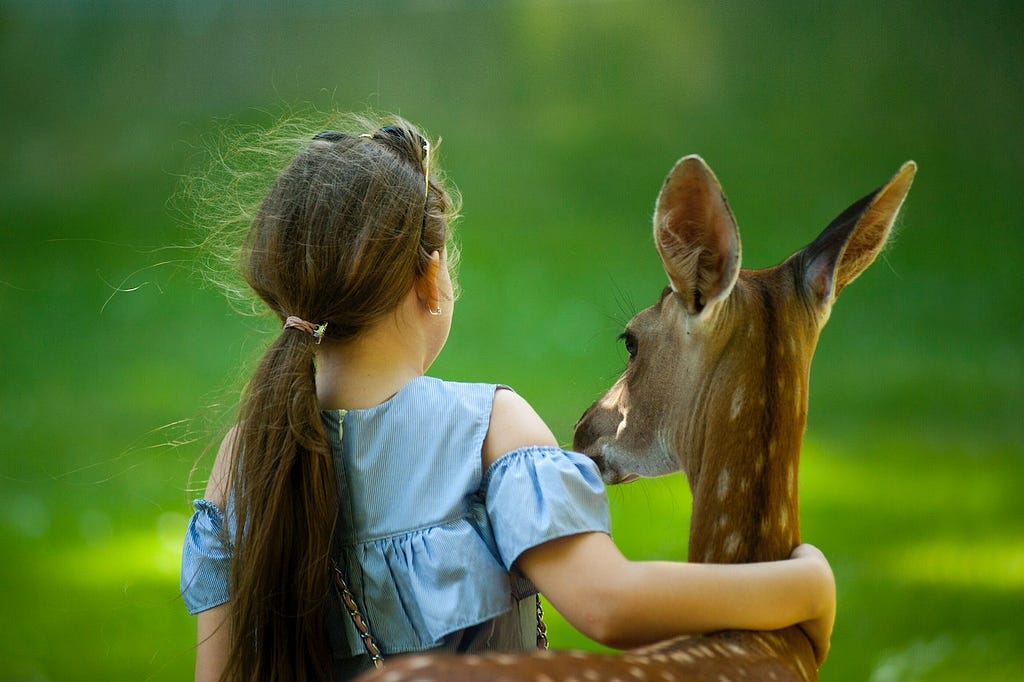 Child wearing a blue top with her arm around a young deer in the park.