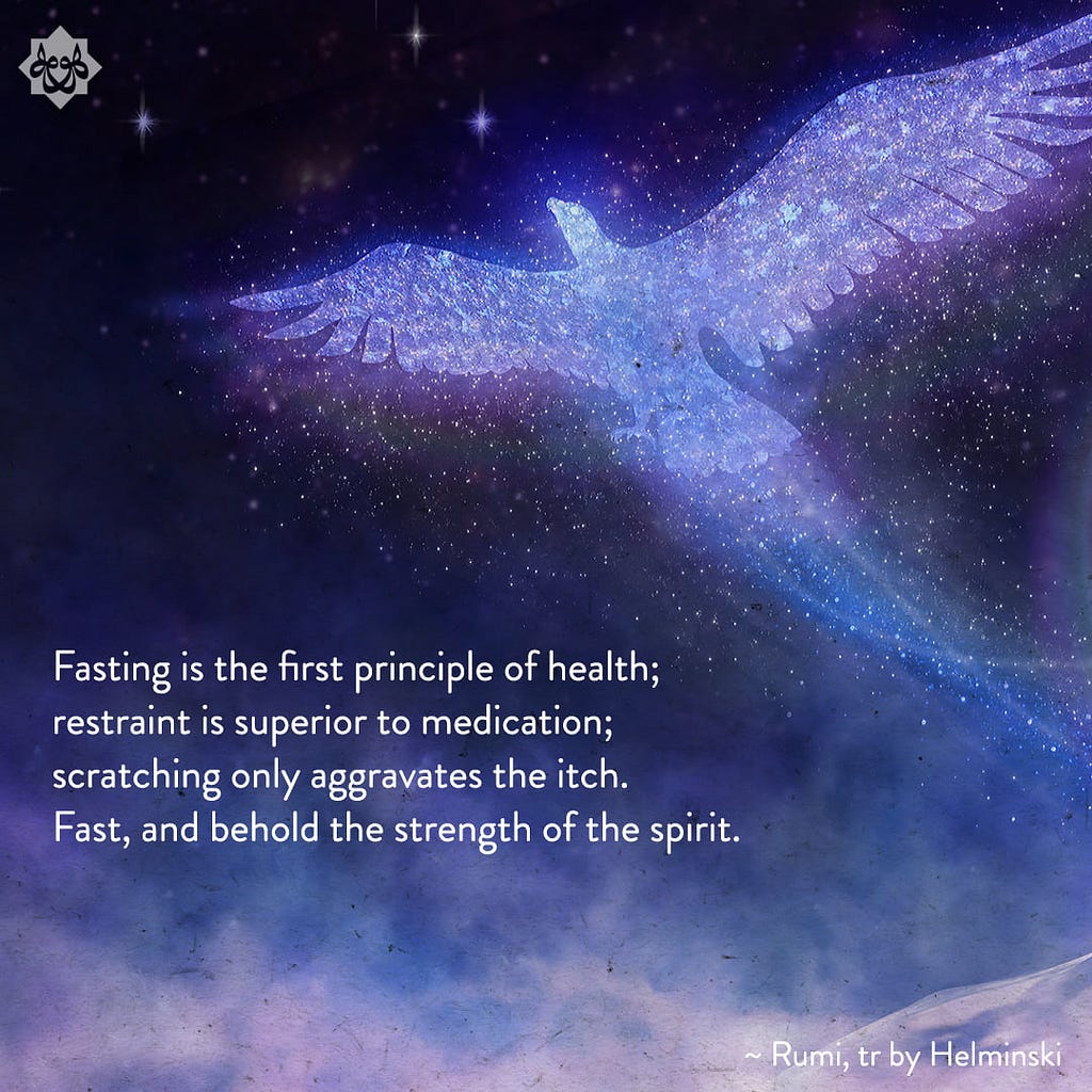 Blue night background, eagle-in-flight shaped out of stars crosses through, text reads: Fasting is the first principle of health; restraint is superior to medication; scratching only aggravates the itch. Fast, and behold the strength of the spirit.