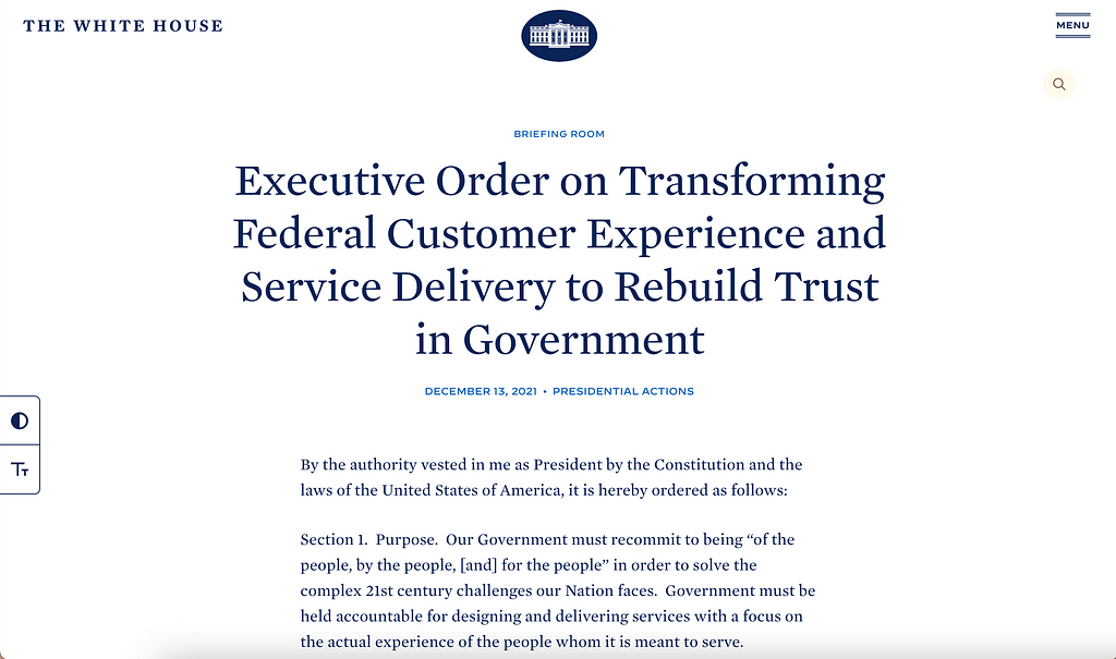 Image of Executive Order — https://www.whitehouse.gov/briefing-room/presidential-actions/2021/12/13/executive-order-on-transforming-federal-customer-experience-and-service-delivery-to-rebuild-trust-in-government/