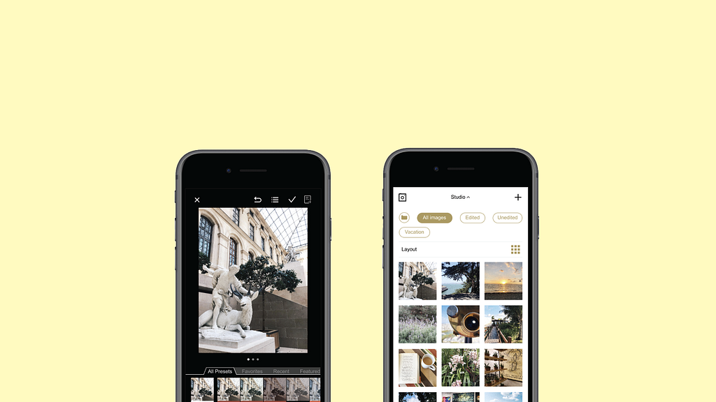 Title image for article; shows two screens of the finished VSCO redesign.