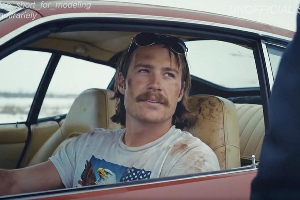A man sits in his car with the window down while a Police officer walks up to him — Still from fake Liquid Death ad made with AI