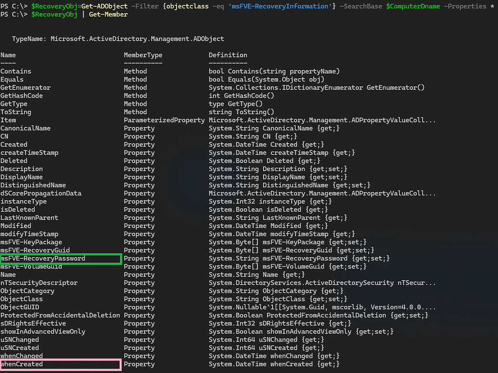 Screenshot of an AD msFVE-RecoveryInformation object in PowerShell showing its metods and attributes.