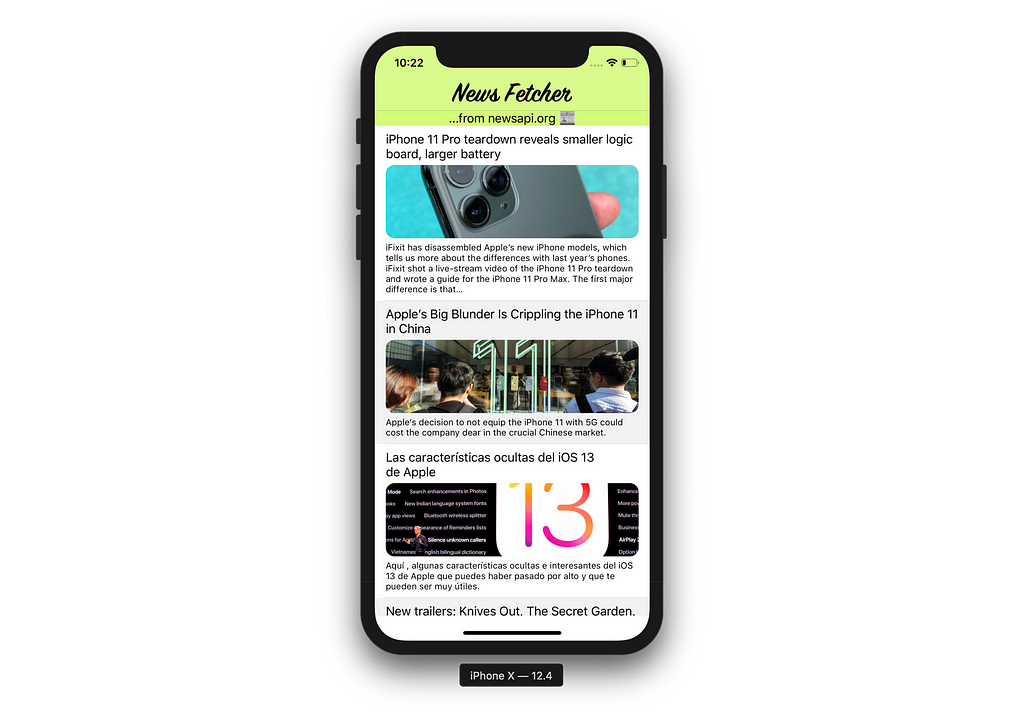 A screenshot of an iPhone showing news articles in a custom app