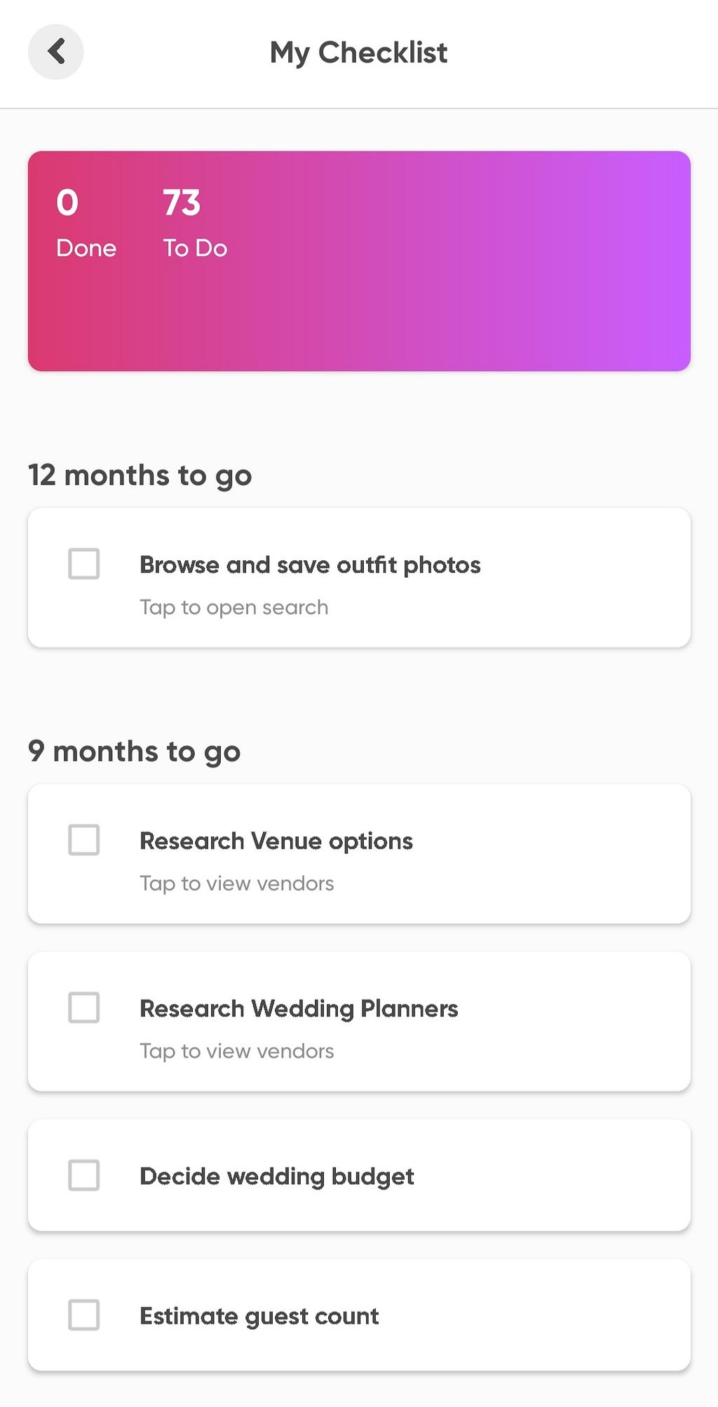 Wedding checklist page with tasks to do