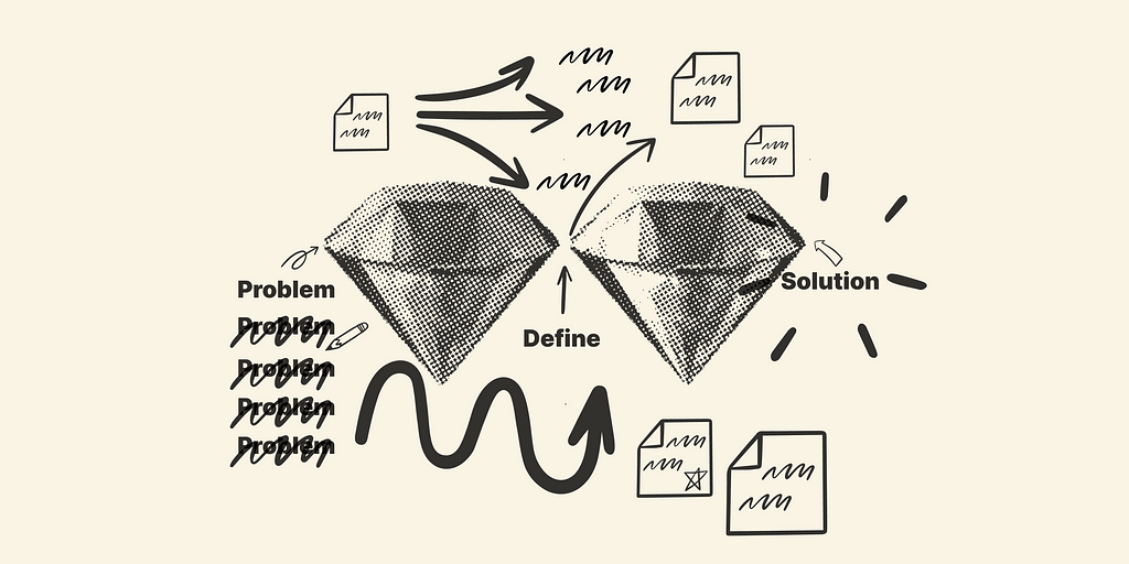 Articles cover image showing two diamonds with scribbles that depict a confusing design process.