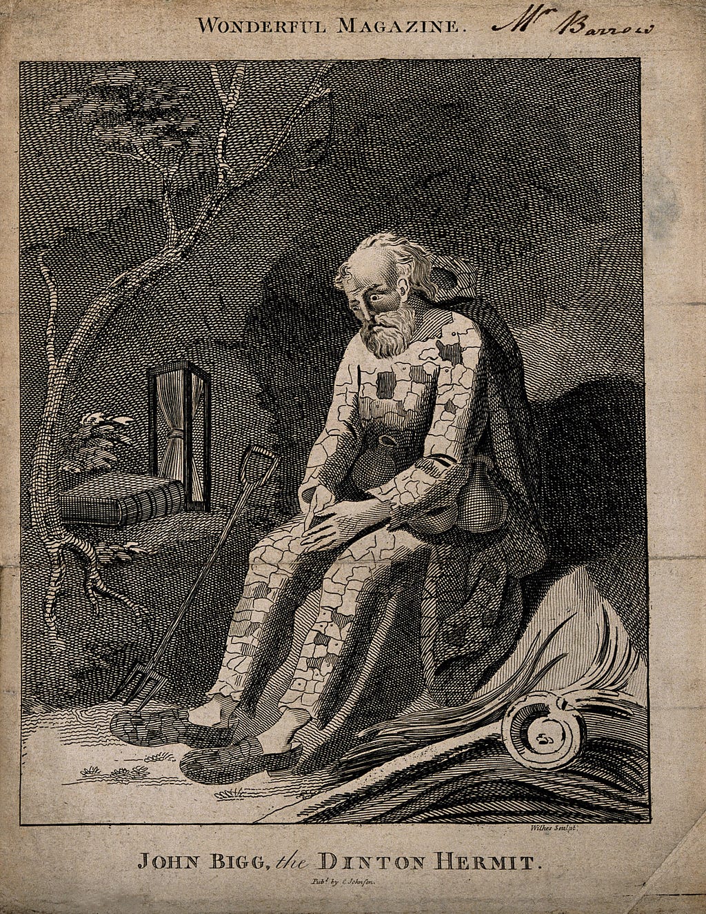 An etching of a man wearing leather-patchwork clothes sitting next to a book, hourglass, and rake.