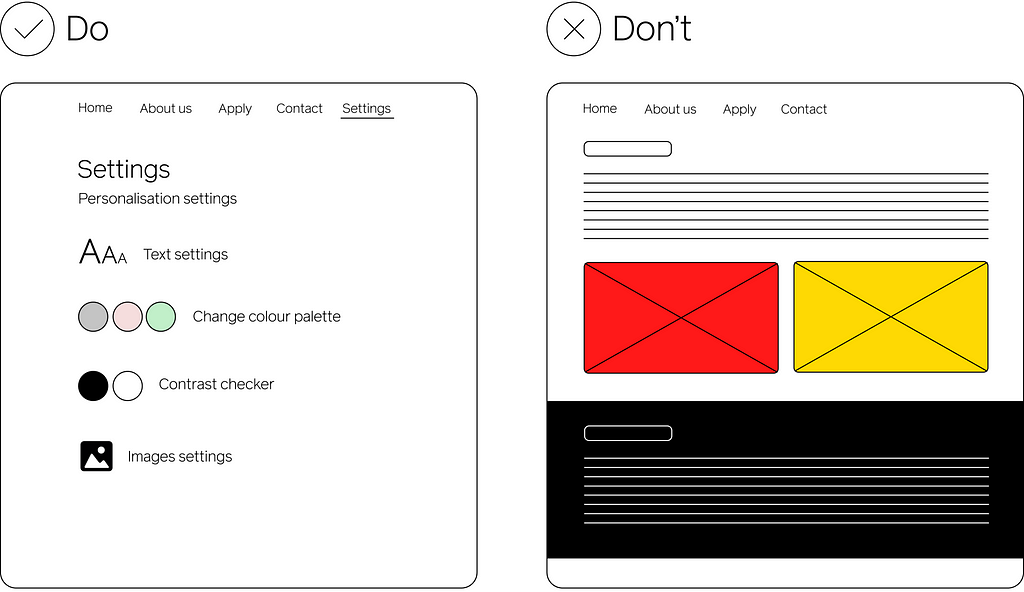 two mages of web page wireframes — Do and Don’t to illustrate the principles