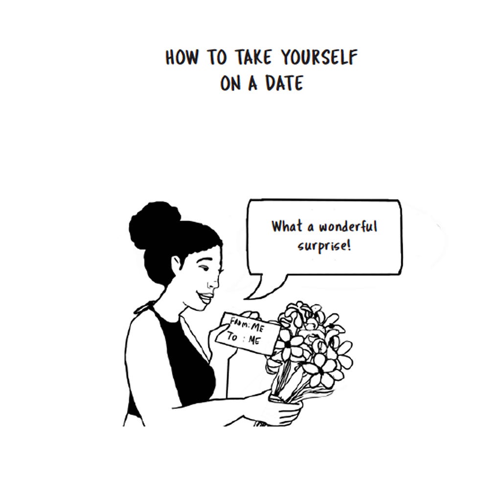 an illustration of a woman receiving flowers from herself