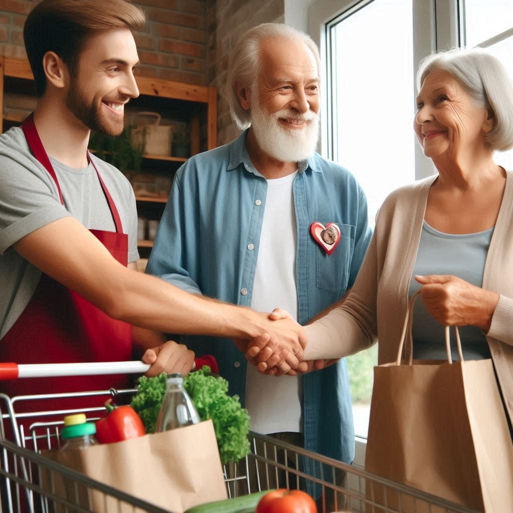 Demonstrating care and compassion by assisting elderly individuals with grocery shopping