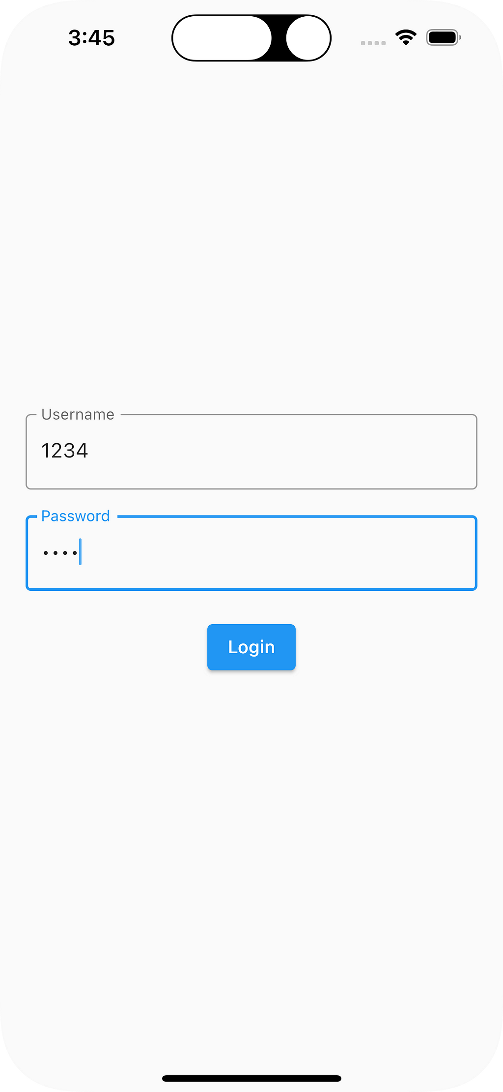 This is a photo of the app, it has two textfields, the username textfield is filled with “1234" and the password textfield is filled with “1234”. A login button is placed below the fields so that we can log into the app by pressing the button.