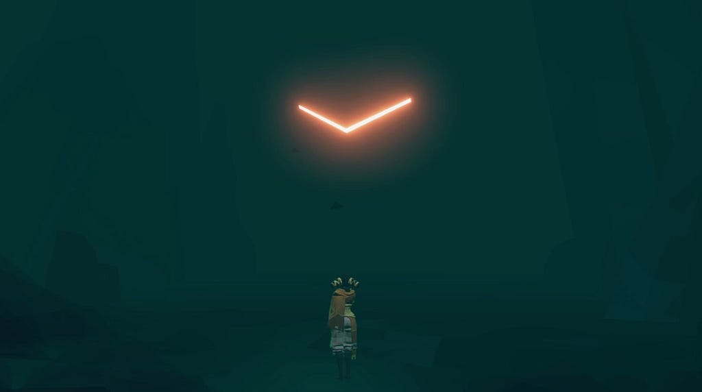 My character stands in the now-gloomy cave with an intimidating, glowing ‘v’ staring back from the darkness.