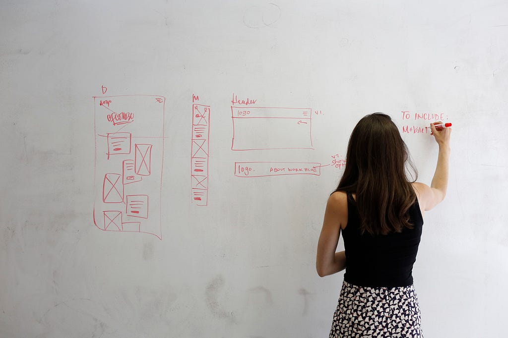 A teacher, with her back to the camera, is writing out a process on a whiteboard