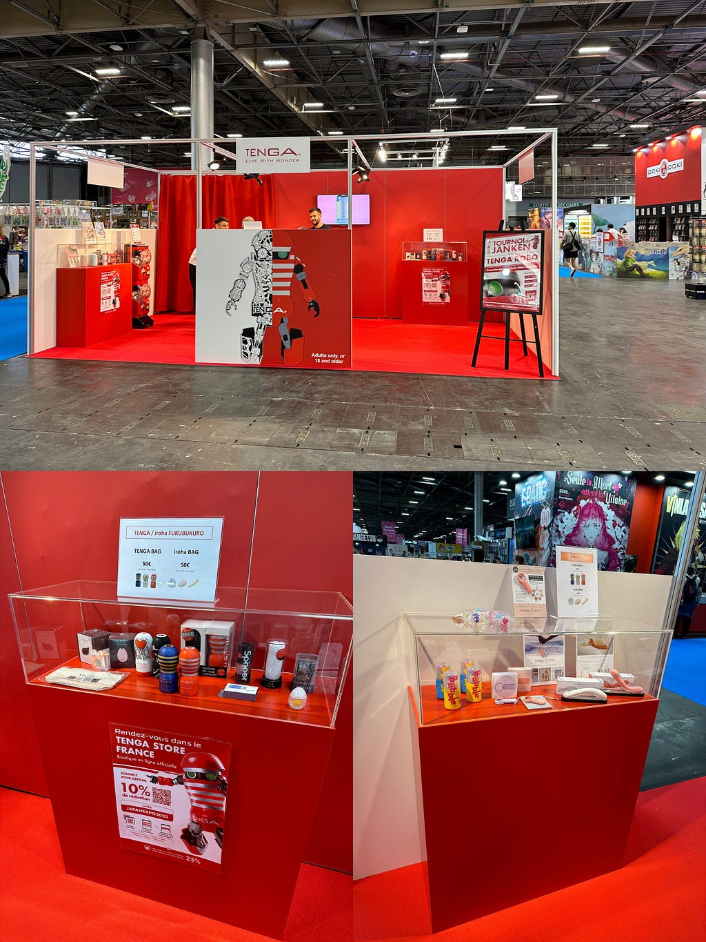 Top: photo of the TENGA booth set up, with display cases and posters. Bottom left: Display case of popular TENGA and iroha products. Bottom right: display case of TENGA Bobble, iroha mai and iroha SVR