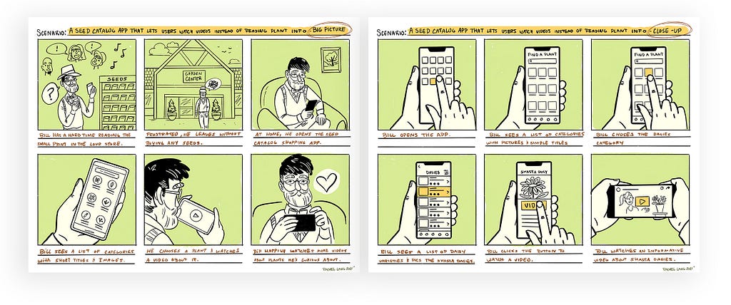 Storyboards with cartoony style drawings of a man using an app to watch videos about plant seeds before purchasing them.