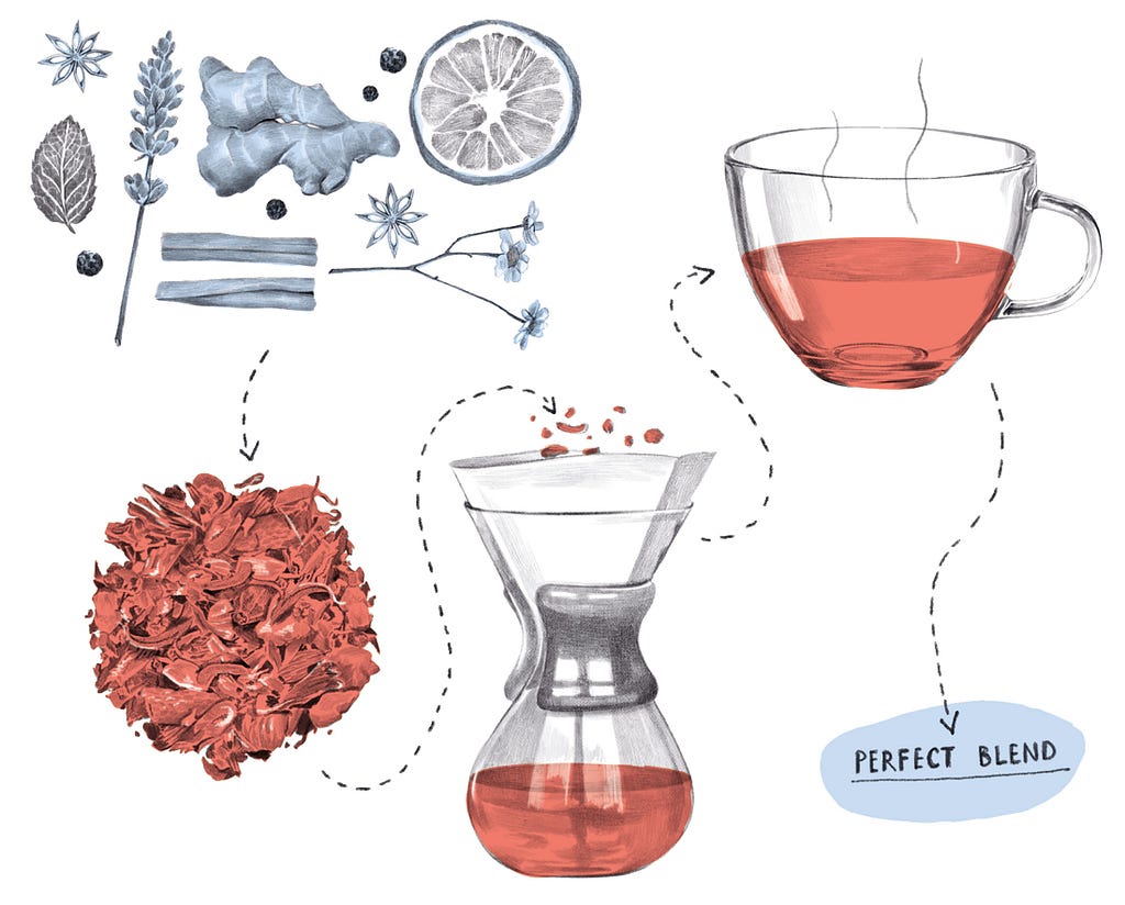 An illustrated diagram showing the steps involved in picking, drying, and infusing homemade tea blends.