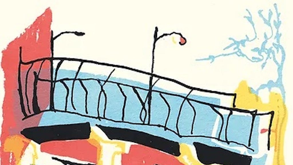 Detail from the book cover of Safe Colors. Illustration looks like a bridge with streetlights.