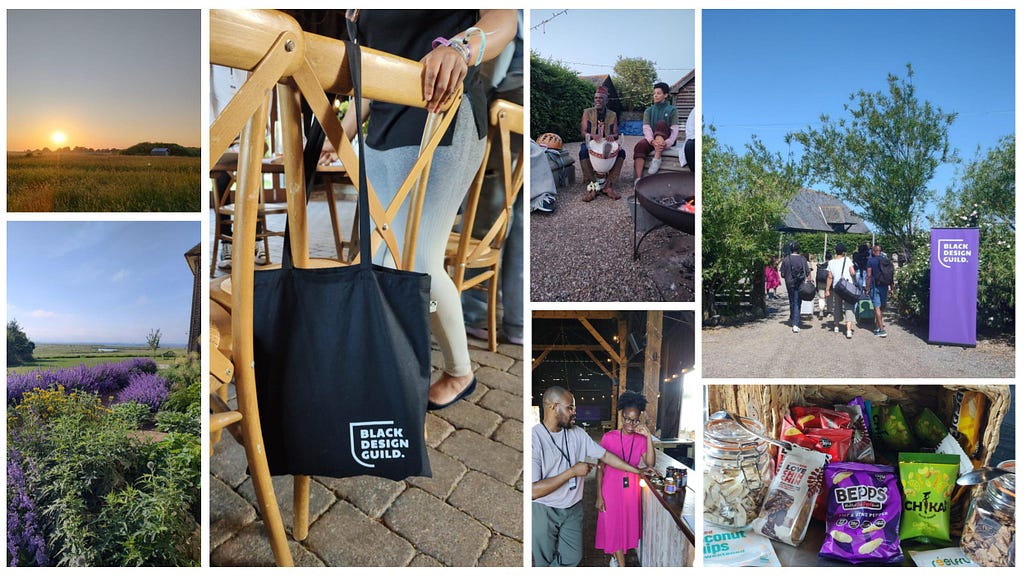 A selection of pictures from the retreat including a sunset, the Elmley grounds, a Black Design Guild tote, guests around the fire, the guests arriving, team members busy at work and Black owned snacks.