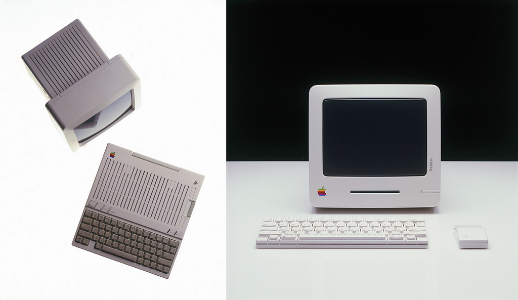 Two images of computers: the Apple IIc and the original Mac.