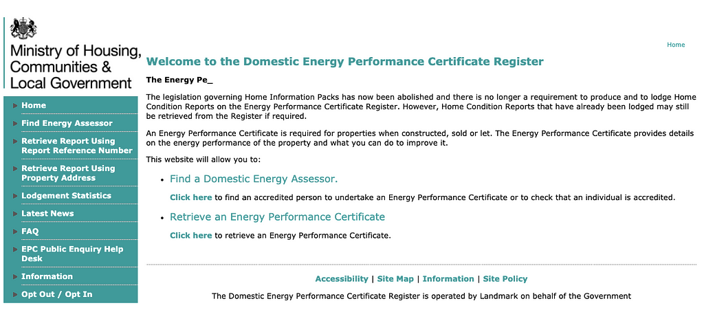 A screenshot of the old Energy Performance Certificate Register.