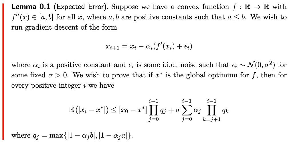 Lemma 0.1 showing the expected error for iterate i is bounded as a function of terms related to all the stepsizes used up to that point, the initial iterate error, and the standard deviation of the noise.