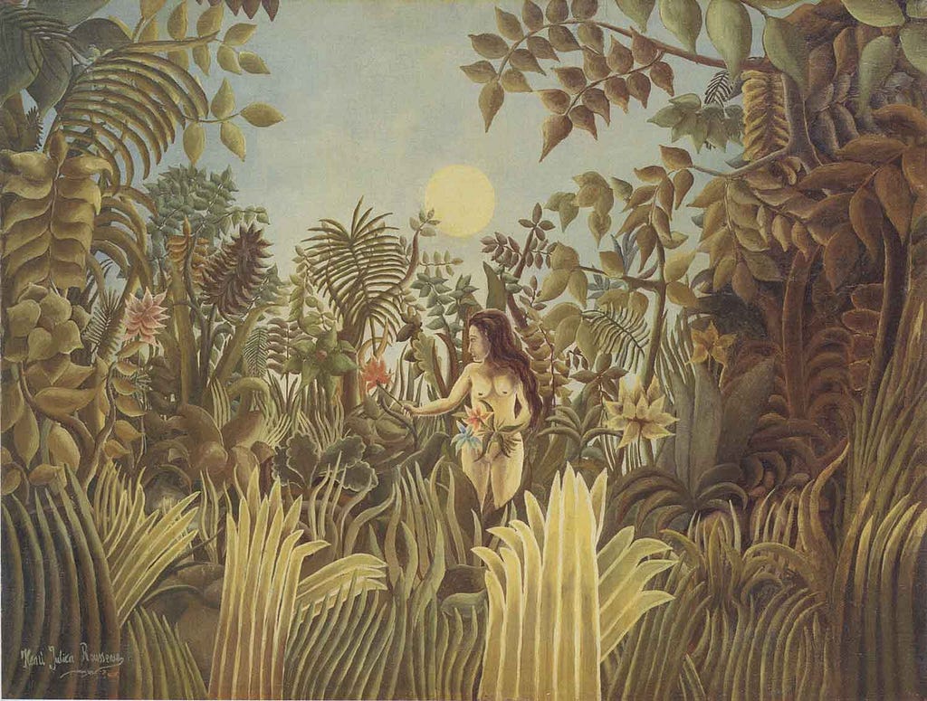Stylistic, jungle-like Garden of Eden with a small Eve half-hidden in the brush, under the sun, gathering flowers