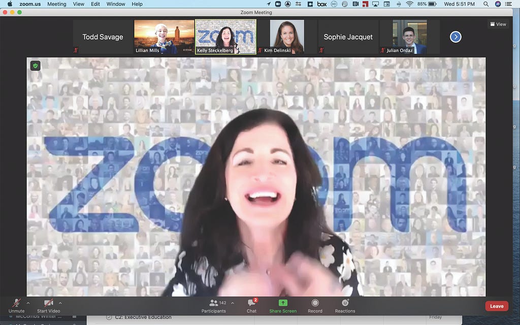 Computer screen with Kelley Steckelberg speaking on a Zoom call.