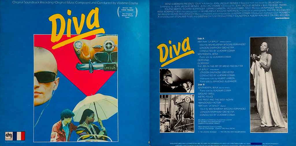 “Diva Original Soundtrack” LP cover, showing front and back. Front features movie stills; back include the track listing and more stills from the movie, including one of Wilhelmenia Wiggins Fernandez in her white gown from the theater scene.