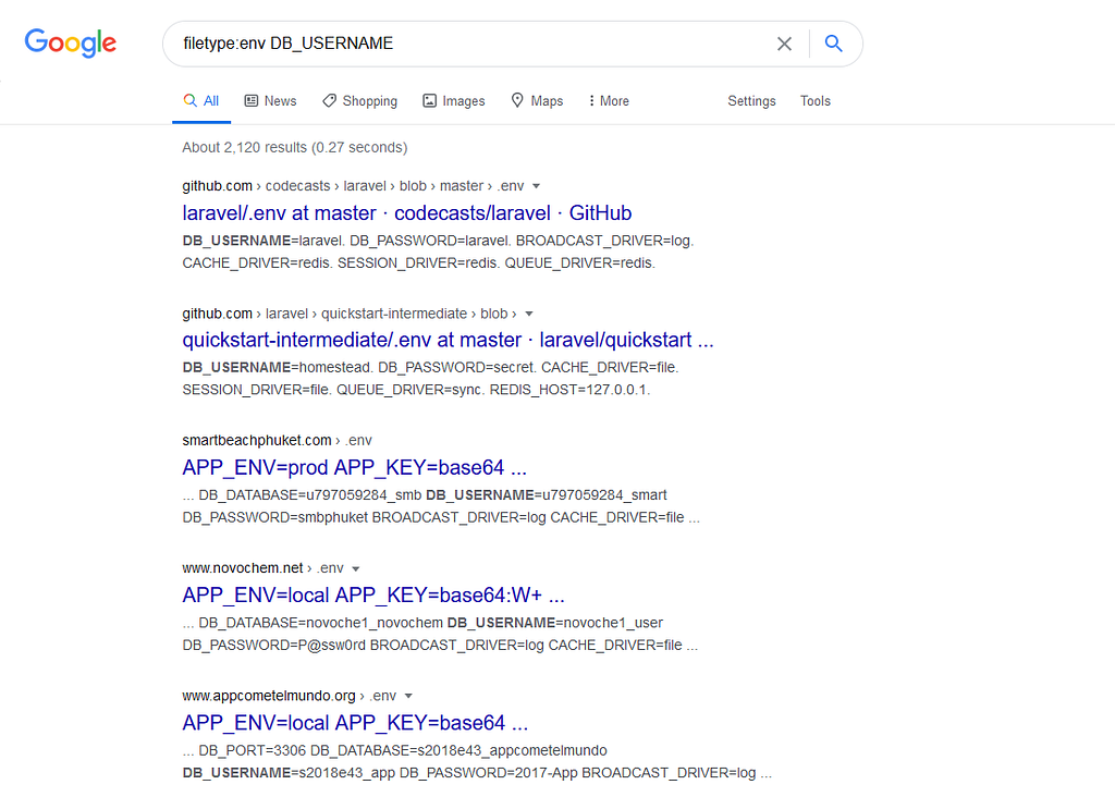 Screenshot of Google search results for database credentials.