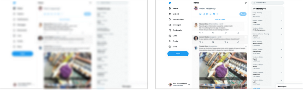 Two screenshots of the homepage of twitter. On the left it is highly blurred but the primary action button still clearly stands out.